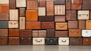 A wall of suitcases is shown in front of a wooden floor photo