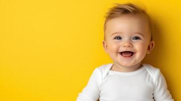 A baby is smiling and laughing in front of a yellow background photo