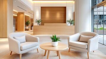 Modern office lobby with wooden reception desk and chairs photo