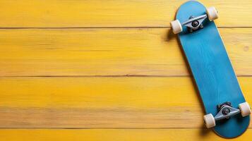 bright blue skateboard on sunny yellow background, perfect for fun photo