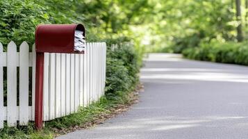 charming countryside scene featuring red mailbox by white fence along quiet road photo