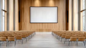 spacious conference room with wooden walls and empty seating photo