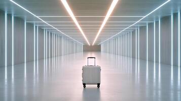 cinematic shot of lone suitcase abandoned in modern, illuminated space photo