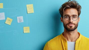 confident man with glasses stands against blue wall with notes photo