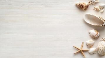 Seashells and starfish arranged on light wooden background, evoking coastal vibe photo