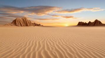 Surreal sunrise over ancient desert landscape with sand dunes photo
