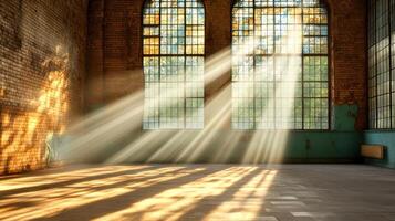 serene abandoned space with sunlight streaming through large windows, creating tranquil photo
