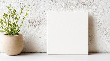 Minimalist square canvas on textured wall with potted plant photo