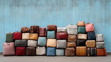 collection of vintage luggage stacked against blue wall, evoking nostalgia photo