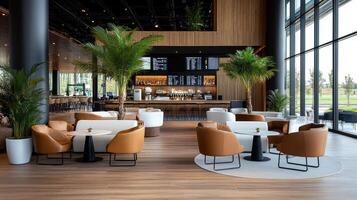 Stylish airport bar area with comfortable seating and modern decor photo