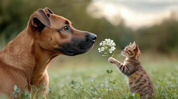 dog and cat share tender moment in clover field, showcasing friendship photo