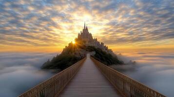 breathtaking medieval castle surrounded by clouds at sunset photo
