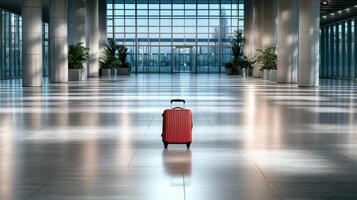 dramatic nighttime airport scene with lone suitcase in spacious terminal photo