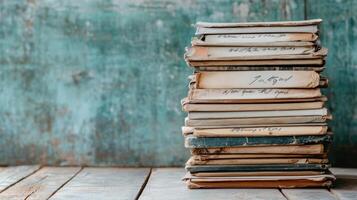 Old books stacked on rustic wooden table with textured background photo
