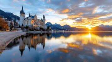 castle resting beside peaceful lake at sunrise, reflecting beauty photo
