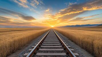 scenic view of train tracks leading into golden sunset over fields photo