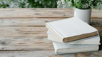 serene scene featuring stacked blank books on rustic wooden table, complemented by potted plant photo