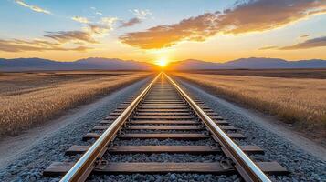scenic view of train tracks leading into sunset over golden fields photo
