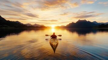 serene kayak silhouette against vibrant sunrise over calm waters photo