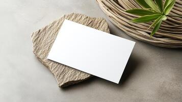 Minimalist business card on textured stone surface with greenery photo