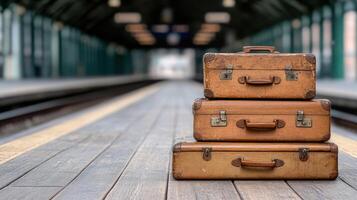 Old suitcases stacked on wooden platform at train station photo