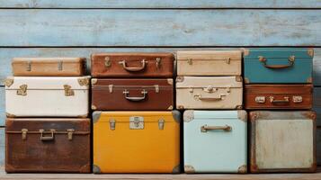 Vintage suitcases stacked against rustic wooden background, showcasing various colors and styles photo