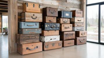Vintage stacked suitcases create charming travel themed boutique display photo