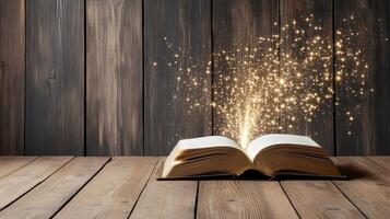 magical book open on wooden table, emitting sparkling light photo