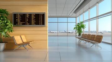 modern airport terminal with seating and flight information display photo