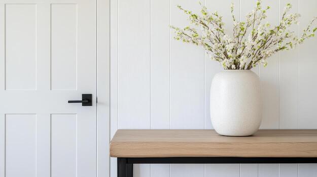 bright and elegant entryway table adorned with vase of flowers photo