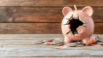 broken piggy bank with coins scattered around, symbolizing financial loss and inflation photo