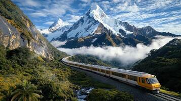 scenic train journey through lush mountains and snowy peaks photo