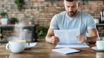 Focused man reading report while enjoying coffee in cozy cafe photo