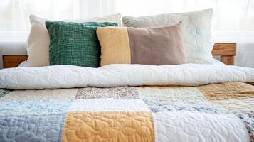 Cozy bed with colorful handmade quilt and decorative pillows photo