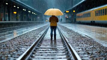 solitary figure with yellow umbrella stands train tracks heavy rain, evoking sense of solitude photo