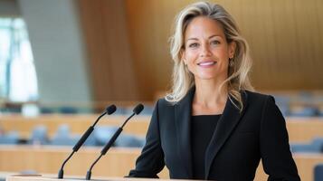 confident female diplomat delivering speech in formal setting photo