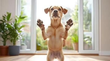 playful dog leaps up with paws against glass door, showcasing joy photo