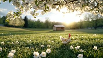 serene sunlit scene featuring chicken in blooming meadow photo
