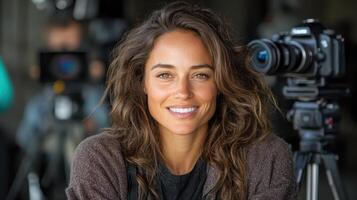 Capturing stories through lens, female filmmaker smiles confidently photo
