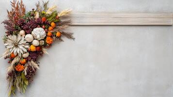 Beautiful floral arrangement with dried flowers and decorative elements photo