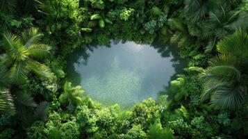 Lush green forest surrounding tranquil pond, showcasing nature beauty photo