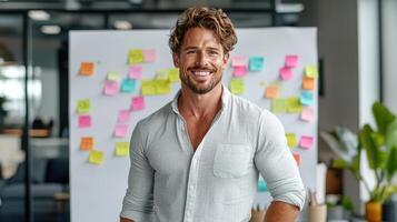 confident man smiles in modern office with colorful sticky notes behind him photo