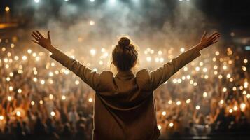 woman stands with arms raised in front of cheering crowd, celebrating joyfully photo