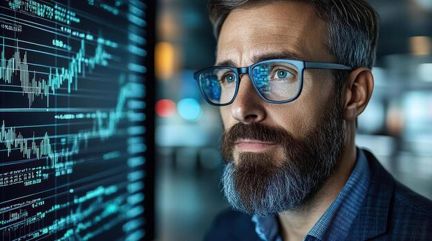 Businessman analyzing financial data on digital screen with graphs photo