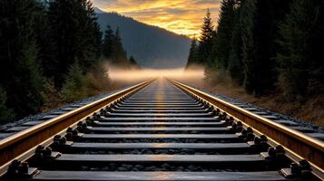 foggy sunrise over forgotten railway tracks, creating serene atmosphere photo