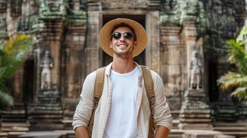 globe trotter smiling at ancient temple, enjoying adventure photo