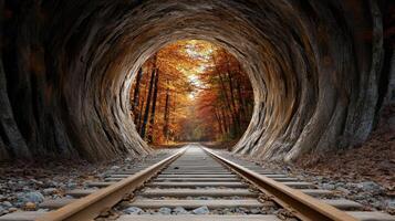 serene autumn scene featuring abandoned railway tunnel surrounded by vibrant foliage photo