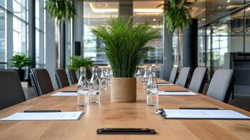 modern conference room setup with bottled water and greenery photo