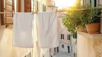 Fresh white towels hanging in sunlit alleyway with greenery photo