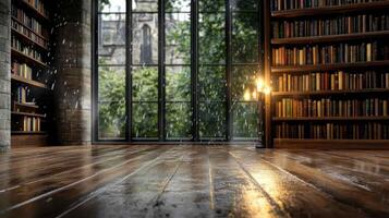serene library with wooden floors, tall bookshelves, and large windows photo